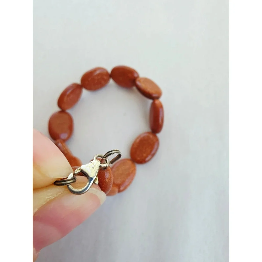 Artisan Goldstone Bead Bracelet Sterling Silver 925 Lobster Clasp Handmade 7.5in